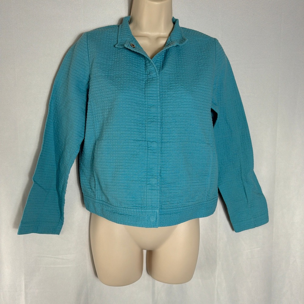 Eileen Fisher Jacket PM Petite Textured Cotton Snap Front Turquoise Blue Womens
